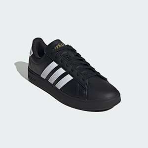 White adidas Men's GRAND COURT 2.0 low-top sneaker with classic court shoe silhouette and brand branding.