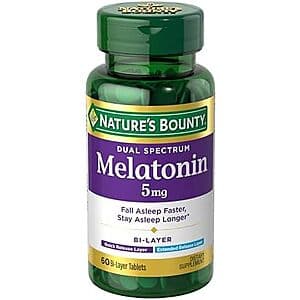 Bottle of Nature's Bounty Dual Spectrum Melatonin 5mg tablets, 60-count.