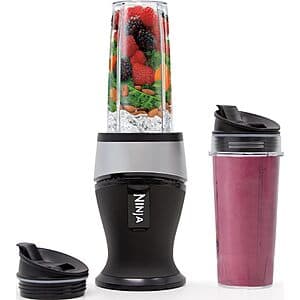 Stainless steel Ninja Fit Compact Personal Blender with 700W motor base and two 16oz clear cups with spout lids.
