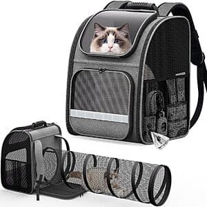 Gray Pawtners cat backpack carrier with expandable play tunnel, designed for transporting and entertaining cats.