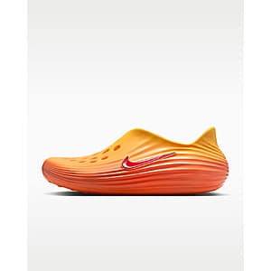 Nike Men's ReactX Rejuven8 shoes displayed in three colorway options: Topaz Gold with Turf Orange accents, Volt Ice, and Stadium Green.