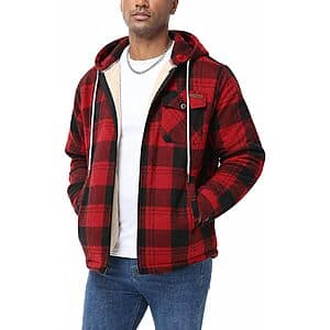 Flannel fleece-lined jacket with sherpa lining, featuring chest pocket with badge, side pockets, and drawstring hood.