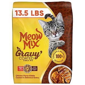 13.5-Lb Meow Mix Dry Cat Food (Gravy Coated Chicken or Gravy Bursts Salmon) $5.75