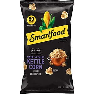 Smartfood Sweet and Salty Kettle Corn Popcorn 7 oz bag with white and colorful branding on a plain background.