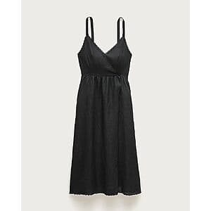 Women's linen faux-wrap scallop-trim dress available in black or lime nectar, displayed flat or on model.