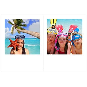 Retro-style mini custom photo prints in rectangle and square formats with vibrant colors and vintage aesthetic design.