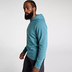 VRST Men's Recharge Pebble Hoodie in Aqua Dust Heather with textured pebble finish, available in multiple sizes.