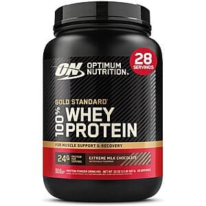 Optimum Nutrition Gold Standard 100% Whey Protein Powder container in Extreme Milk Chocolate flavour, 2-pound size.