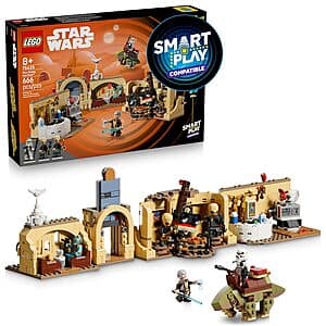 LEGO Star Wars Mos Eisley Cantina Building Set featuring minifigures and detailed cantina structure with classic Star Wars elements.