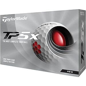 White TaylorMade TP5X golf balls, 1 dozen in packaging.