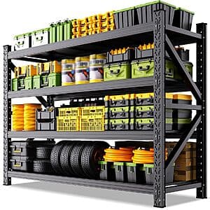 Black metal 4-tier garage shelving unit with adjustable shelf heights, measuring 79" tall x 24" wide, featuring locking pins and heavy-duty construction.