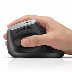 Uineer vertical ergonomic wireless mouse in black with side scroll wheel, shown from the side to highlight its ergonomic shape.