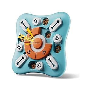Foxmm interactive dog puzzle toy with treat dispenser compartments and squeaker, designed for canine enrichment and play.