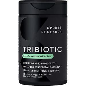 Sports Research 3-in-1 Tribiotic Liquid Veggie Capsules bottle with 30 capsules, featuring pre, pro, and postbiotic formula.