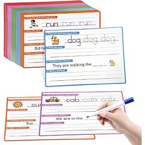 HenPisen phonics flash card set with 20 sheets of colorful CVC word games and sight word tracing activities for preschool and kindergarten learning.