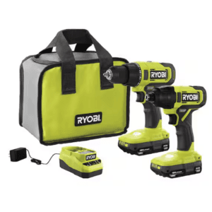 RYOBI ONE+ 18V cordless drill/driver and impact driver with two compact batteries and charger included.