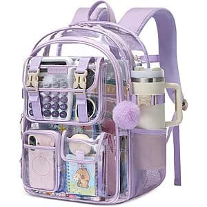 Lovelook 24L clear PVC school backpack with large cup holder in black, purple, or pink color options, sized 12"D × 7"W × 17"H.