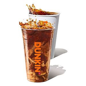 Dunkin' medium hot or iced coffee in a disposable cup with Dunkin' branding.