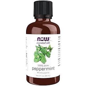 NOW Foods Peppermint Oil in a 2-oz amber glass bottle with white label and dropper cap.