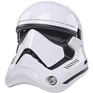 Star Wars: The Black Series First Order Stormtrooper premium electronic helmet with white and black armor design.