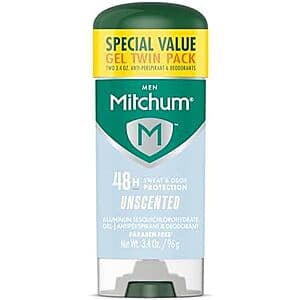 2-pack of 3.4-ounce Mitchum Men's Triple Odor Protection Antiperspirant & Deodorant Gel in Unscented formula.