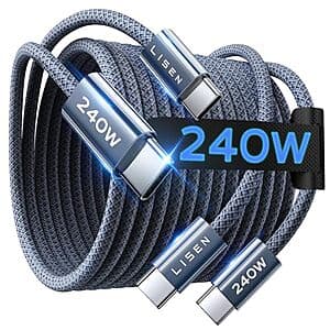 2-Pk 6.6' LISEN 240W USB-C to USB-C Charge Cable $5.60