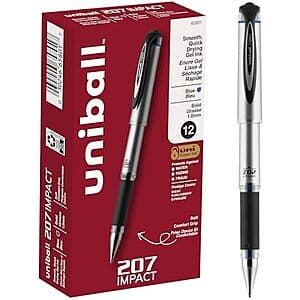 12-pk Uniball 207 Impact Gel Pens (1.0mm, Blue) $11