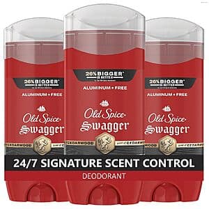 Three-pack of Old Spice Swagger Aluminum Free Deodorant sticks for men, 3.8 oz each.