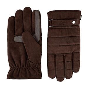 Dark brown quilted microsuede gloves with touchscreen-compatible fingertips, displayed flat or on hands to show fit and water-repellent texture.