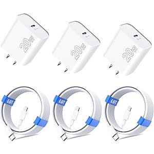 3-Pk Ocupwei 20W PD USB-C Wall Charger Block w/ 3-Pk 6.6' USB-C to Lightning Cable $6