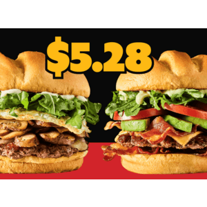 Smashburger single burger with bacon, avocado, and ranch sauce on a bun.