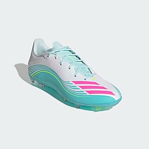 adidas F50 MESSI LEAGUE soccer cleats with firm ground studs, textile upper, featuring SPRINTPLATE 360 technology.