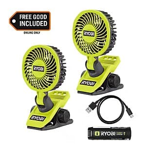 2-Pk RYOBI USB Lithium Clamp Fans + 1x 2.0Ah Battery $40 + Free S&H