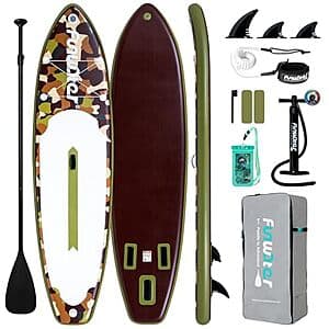 FunWater 11' x 33" army green camouflage inflatable stand-up paddle board with paddle, pump, and black backpack.