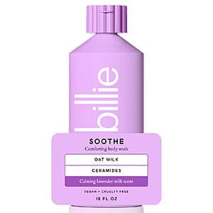 Billie Soothe 18-oz body wash bottle in Lavender Milk scent with purple and white packaging.