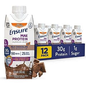 12-pack of Ensure Max Protein Nutrition Shake in Cafe Mocha flavor, 11 oz bottles with brown/tan colored branding.