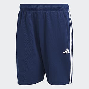 adidas Men Train Essentials Piqué 3-Stripes Training Shorts in black with white 3-stripes detail on the sides.