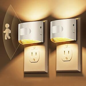 Two white or black LOHAS dimmable LED night lights with motion sensors, 30-100 lumens soft white output.
