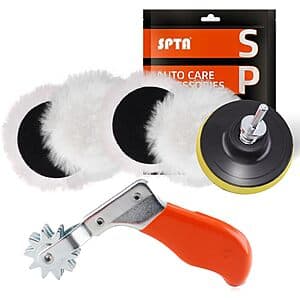 SPTA 3-inch wool buffing pads in beige, set of 6 with black drill adapter and cleaning tool.