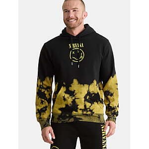 Men's tie-dye pullover hoodie sweatshirt with Nirvana graphic design in black and white.