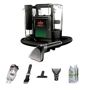 2-in-1 wet and dry vacuum cleaner with pet stain removal capability, showing switching mechanism and included attachments and formula pouch.