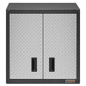 Gladiator cabinets at Lowe's, 28 x 28 x 12, $99.99, Wall mounted workstation, $114.99, 28 x 31 x 18 freestanding cabinet, $139.99, free shipping, Lowe's