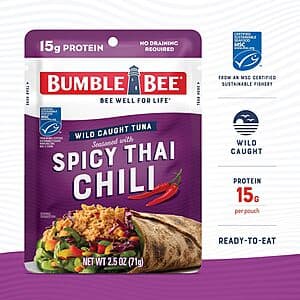 Bumble Bee Spicy Thai Chili Seasoned Tuna 2.5-ounce pouch with red and gold branding.