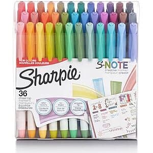 36-count assortment of Sharpie S-Note Chisel Tip Pastel Markers and Highlighters in various pastel colors with product packaging.