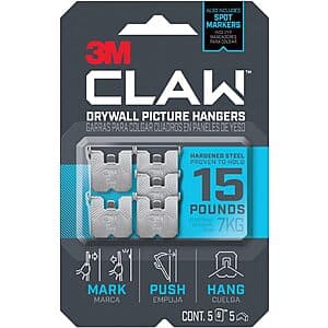 5-pack of silver 3M Claw drywall picture hangers with 15-pound weight capacity per hanger and spot markers for installation.