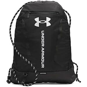 Black Under Armour Hustle Sackpack with black and white accents, 22-liter capacity unisex design.