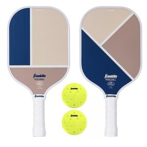 Franklin Sports 2-player fiberglass pickleball paddle and ball set with two paddles and balls included.