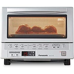 Silver Panasonic FlashXpress compact infrared toaster oven with black accents and front-facing controls.