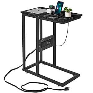 24" VECELO C-Shaped End Side Table w/ Charging Station & 2 USB Ports (Black Marble) $20.30