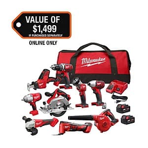 9-Tool Milwaukee M18 18V Lithium-Ion Cordless Kit w/ 2 Batteries, Charger & Bag $649 + Free Shipping